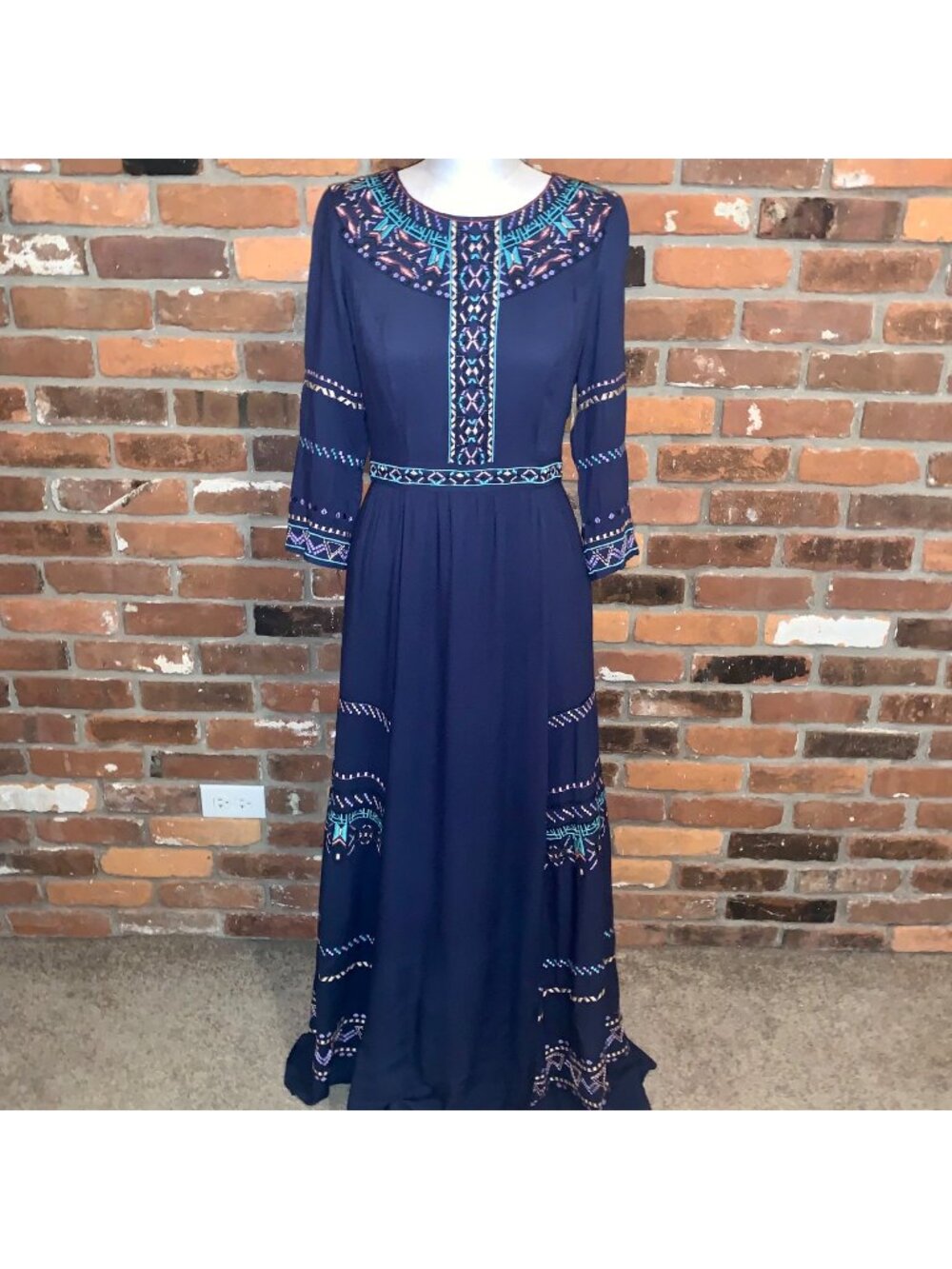Champagne And Strawberry Blue Embroidered Long Sleeve Boho Maxi Dress Size Small